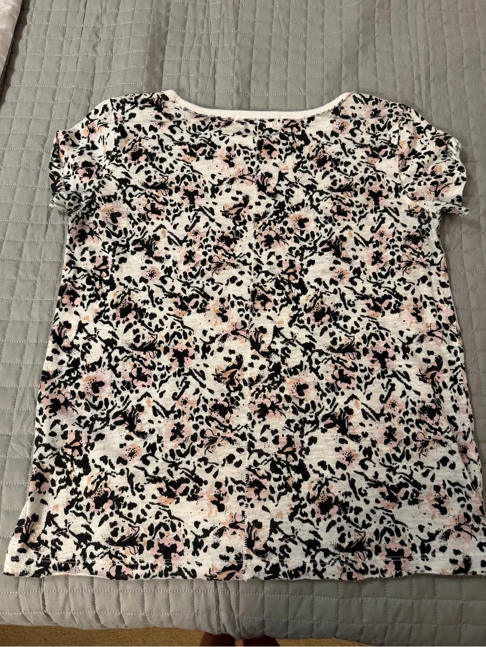 Free People White Short Sleeve Tee with Pink and Black Floral Print